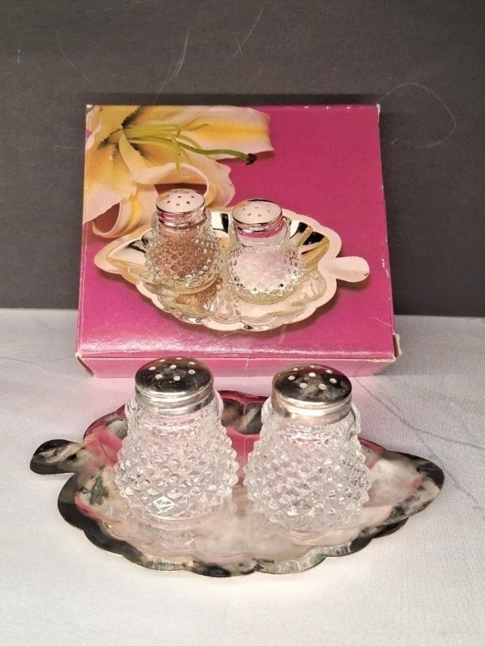 MCM Cut glass mini silver plate salt and pepper shakers Leaf Tray